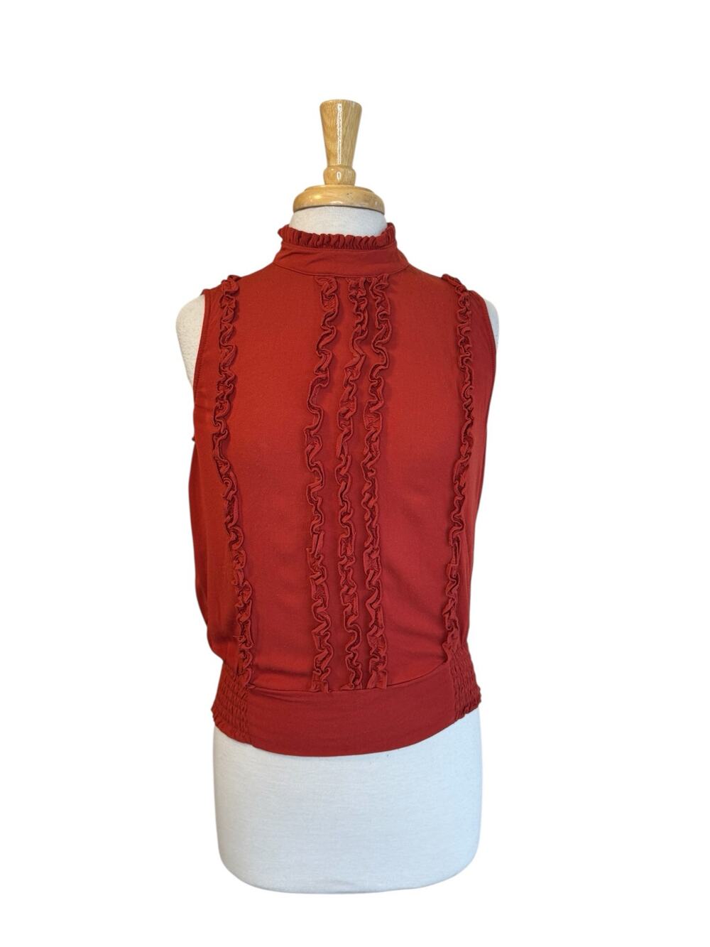FRAME DENIM Ruffled Mock Neck Sleeveless Blouse in Spice Orange Size Medium